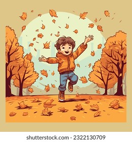 Cartoon Happy kids playing in autumn background, Little people in warm clothes. Forest animals and pets. October defoliation