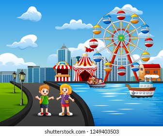 Cartoon of happy kids playing outdoors with amusement park background