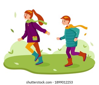 Cartoon Happy kids playing in park winter background. Big isolated illustration vector with white light color.