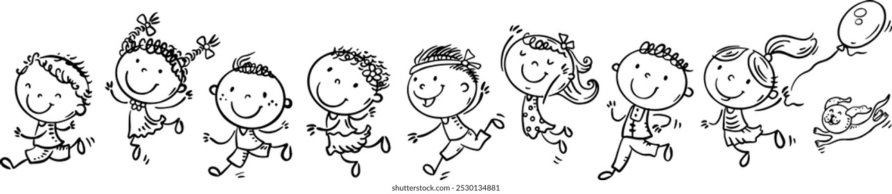 Dibujos animados de niños felices corriendo juntos. Ilustración en blanco y negro de niños lindos saltando con alegría, personajes aislados