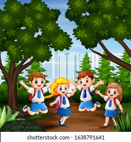 Cartoon happy kids in school uniform at city background