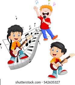 Cartoon happy kids singing and playing music