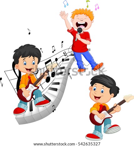 Cartoon Happy Kids Singing Playing Music Stock Vector (Royalty Free ...