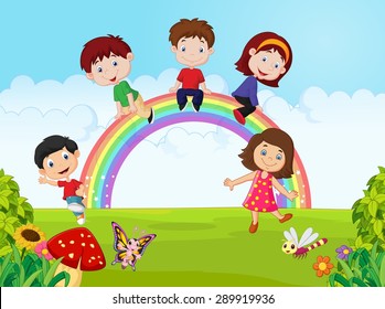 Cartoon Happy kids sitting on rainbow on the jungle