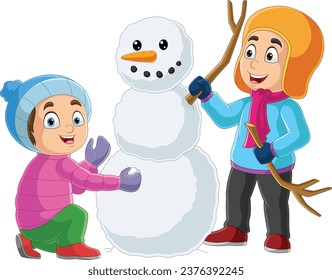 Cartoon happy kids with a snowman