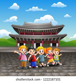 Cartoon of happy kids study tour in Changdeokgung palace