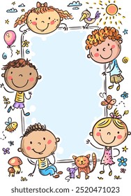 Cartoon happy kids with vertical frame with blank space for your text or banner. Smiling little boys and girls