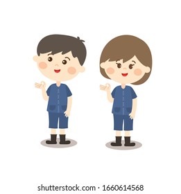 Cartoon Happy Kids wear Thai Farmer costume Vector
