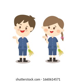 Cartoon Happy Kids wear Thai Farmer costume Vector
