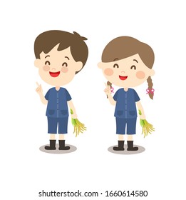 Cartoon Happy Kids wear Thai Farmer costume Vector
