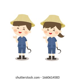 Cartoon Happy Kids wear Thai Farmer costume Vector
