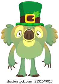 Cartoon happy koala wearing st patrick's hat with a clover. Vector design for Saint Patrick's Day 
