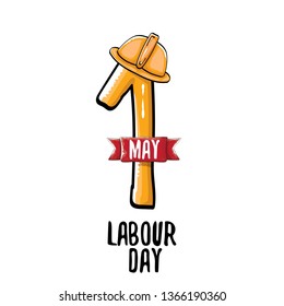 Cartoon Happy labour day vector label isolated on white. vector happy labor day background or banner with engineer helmet, hummer and wrench. workers may day poster