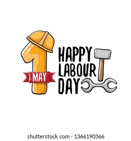 Cartoon Happy labour day vector label isolated on white. vector happy labor day background or banner with engineer helmet, hummer and wrench. workers may day poster