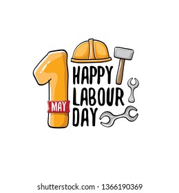 Cartoon Happy labour day vector label isolated on white. vector happy labor day background or banner with engineer helmet, hummer and wrench. workers may day poster