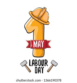 Cartoon Happy labour day vector label isolated on white. vector happy labor day background or banner with engineer helmet, hummer and wrench. workers may day poster