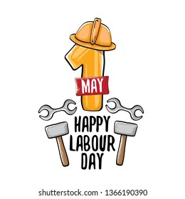 Cartoon Happy labour day vector label isolated on white. vector happy labor day background or banner with engineer helmet, hummer and wrench. workers may day poster