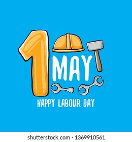 Cartoon Happy labour day vector label isolated on blue. vector happy labor day background or banner with engineer helmet, hummer and wrench. workers may day poster