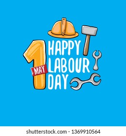 Cartoon Happy labour day vector label isolated on blue. vector happy labor day background or banner with engineer helmet, hummer and wrench. workers may day poster