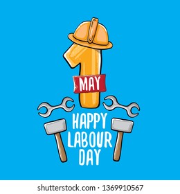 Cartoon Happy labour day vector label isolated on blue. vector happy labor day background or banner with engineer helmet, hummer and wrench. workers may day poster