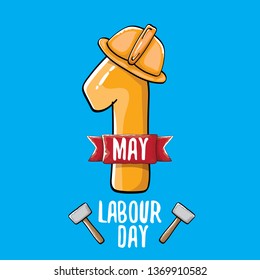 Cartoon Happy labour day vector label isolated on blue. vector happy labor day background or banner with engineer helmet, hummer and wrench. workers may day poster