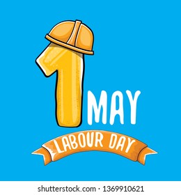 Cartoon Happy labour day vector label isolated on blue. vector happy labor day background or banner with engineer helmet, hummer and wrench. workers may day poster