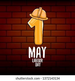 Cartoon Happy labour day vector label isolated on blue. vector happy labor day background or banner with engineer helmet, hummer and wrench. workers may day poster 
