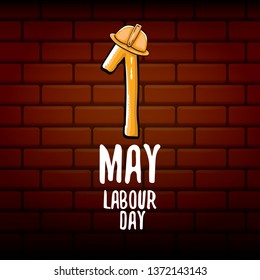 Cartoon Happy labour day vector label isolated on blue. vector happy labor day background or banner with engineer helmet, hummer and wrench. workers may day poster 