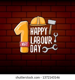 Cartoon Happy labour day vector label isolated on blue. vector happy labor day background or banner with engineer helmet, hummer and wrench. workers may day poster 