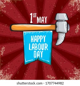 Cartoon Happy labour day vector label isolated on vintage red poster background with rays . vector happy labor day background or banner with hammer . workers 1 may day poster