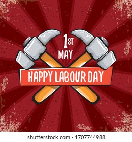 Cartoon Happy labour day vector label isolated on vintage red poster background with rays . vector happy labor day background or banner with hammer . workers 1 may day poster