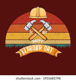 Cartoon Happy labour day vector label isolated on vintage poster background with sun. vector happy labor day background or banner with hammer . workers 1 may day poster