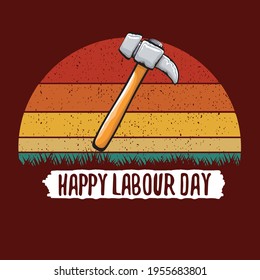 Cartoon Happy labour day vector label isolated on vintage poster background with sun. vector happy labor day background or banner with hammer . workers 1 may day poster