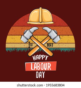 Caricatura Etiqueta del vector feliz día del trabajo aislada en el fondo vintage de afiches con sol. fondo del día del trabajo feliz vectorial o banner con martillo. cartel del 1 de mayo