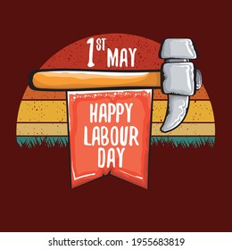 Cartoon Happy labour day vector label isolated on vintage poster background with sun. vector happy labor day background or banner with hammer . workers 1 may day poster