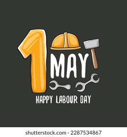 Cartoon Happy labour day vector label isolated on grey. vector happy labor day background or banner with engineer helmet, hummer and wrench. workers may day poster