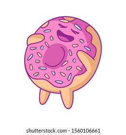 Cartoon happy laughing donut character with pink glaze. For stickers, greeting cards, party invitations, posters, prints and books