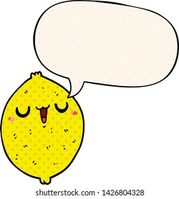 cartoon happy lemon with speech bubble in comic book style