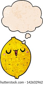 cartoon happy lemon with thought bubble in grunge texture style