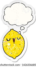 caricatura limón feliz con burbuja de pensamiento como pegatina gastada angustiada