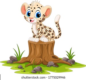 Cartoon happy leopard sitting on tree stump