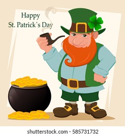 Cartoon happy leprechaun. Character with green hat, red beard, smoking pipe and four leaf clover standing near pot with golden coins. Vector modern illustration on Saint Patrick's Day.