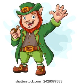 Cartoon happy leprechaun with smoking pipe