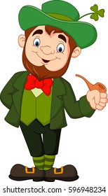 Cartoon happy leprechaun with smoking pipe