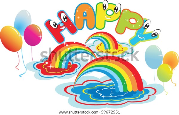 Cartoon\
happy letter with rainbow and color\
balloons