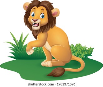 Cartoon happy lion posing in grass