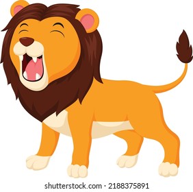 Cartoon happy lion roaring on white background