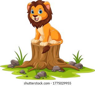 Cartoon happy lion sitting on tree stump