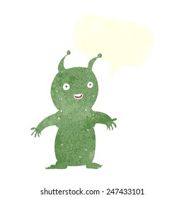 cartoon happy little alien with speech bubble