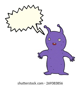 cartoon happy little alien with speech bubble